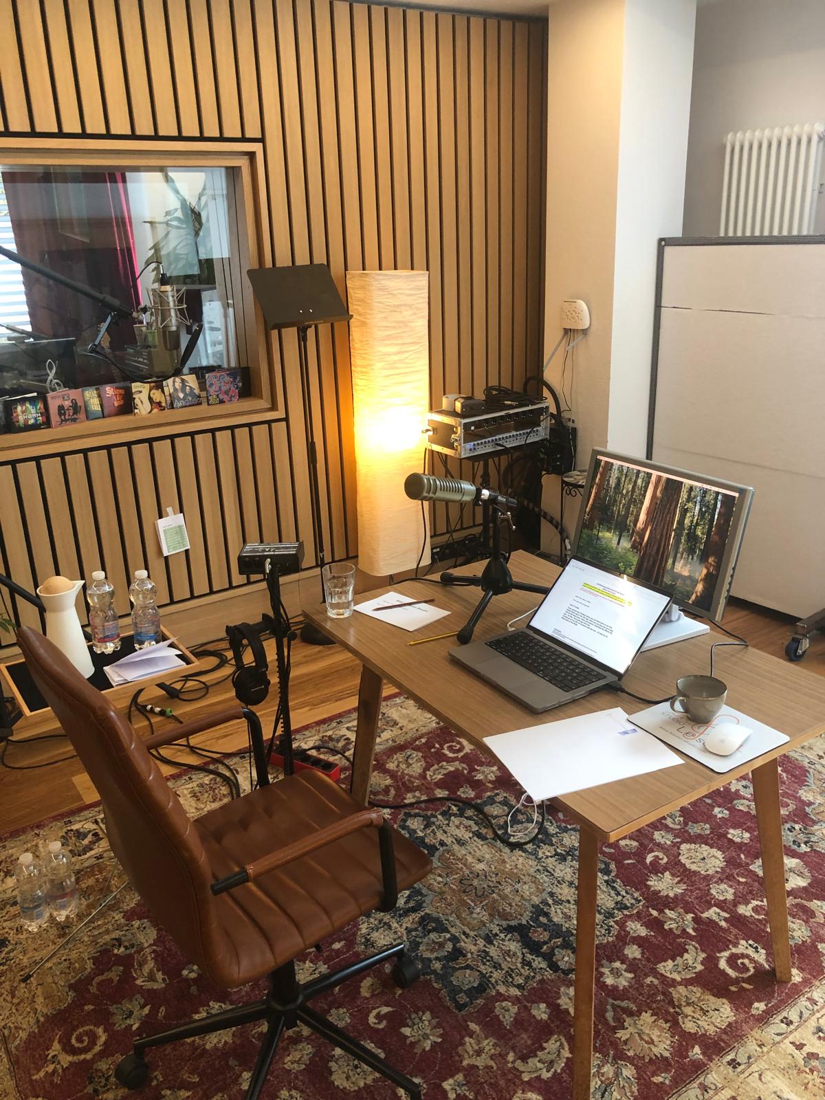 Broadcast working place at Le Sonn Studio in the Dolomites during a live radio show with Matt Frei